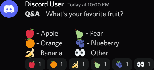 Discord user asking 'What's your favorite fruit?' with various fruits as reactions