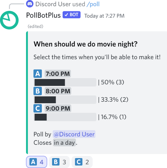 Poll with the question 'When should we do movie night?' with 7 PM, 8 PM, and 9 PM as options
