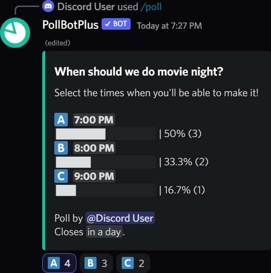 Poll with the question 'When should we do movie night?' with 7 PM, 8 PM, and 9 PM as options