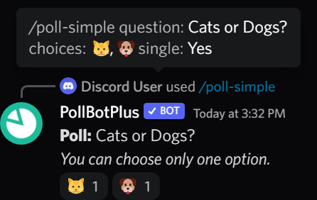 Simple poll with the question 'Cats or dogs?' with a cat and dog reaction